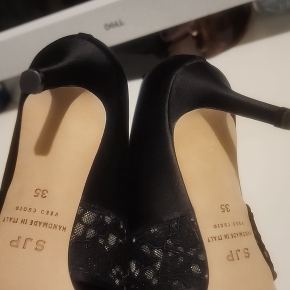 SJP By Sarah Jessica Parker Lucille Satin Pointed Toe High  SJP BY SARAH JESSICA PARKER BLACK SATIN PUMP SIZE 35